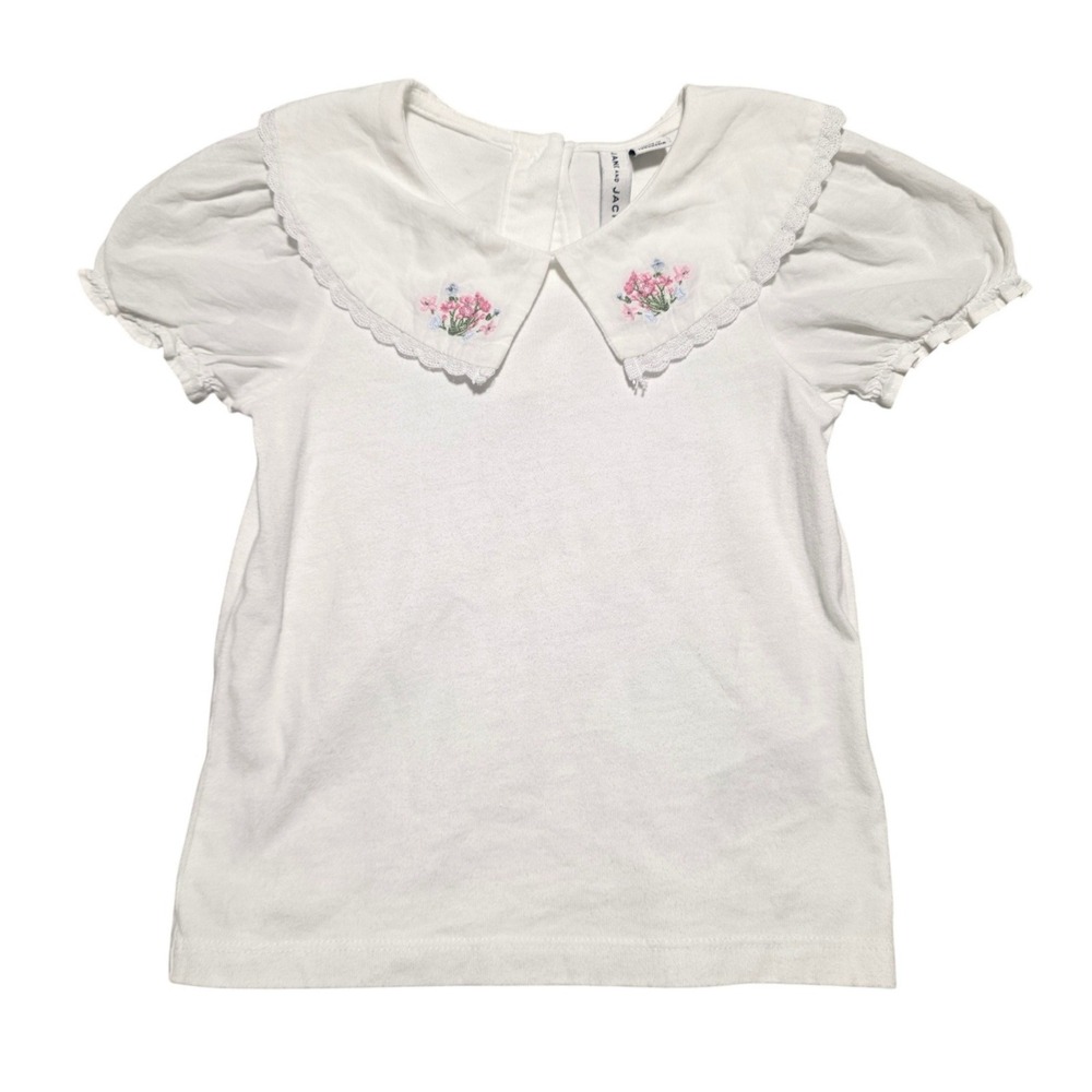 Janie and Jack Short Sleeve Top Girls 3 White Floral Lace Peter Pan Collar Shirt